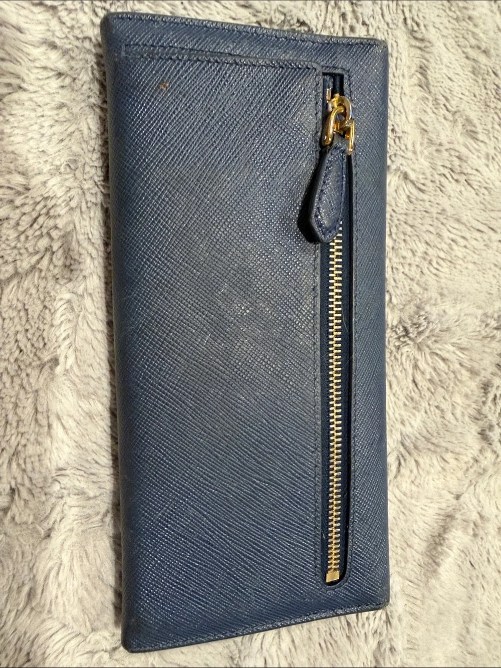 Prada Dark Blue Saffiano Leather Flap Wallet with Gold Logo